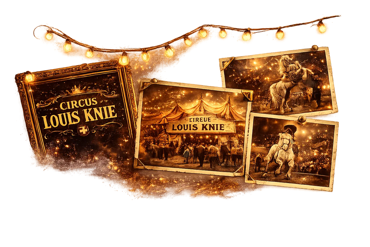 Historische Circus-Louis-Knie-Fotografien mit goldener Lichterkette